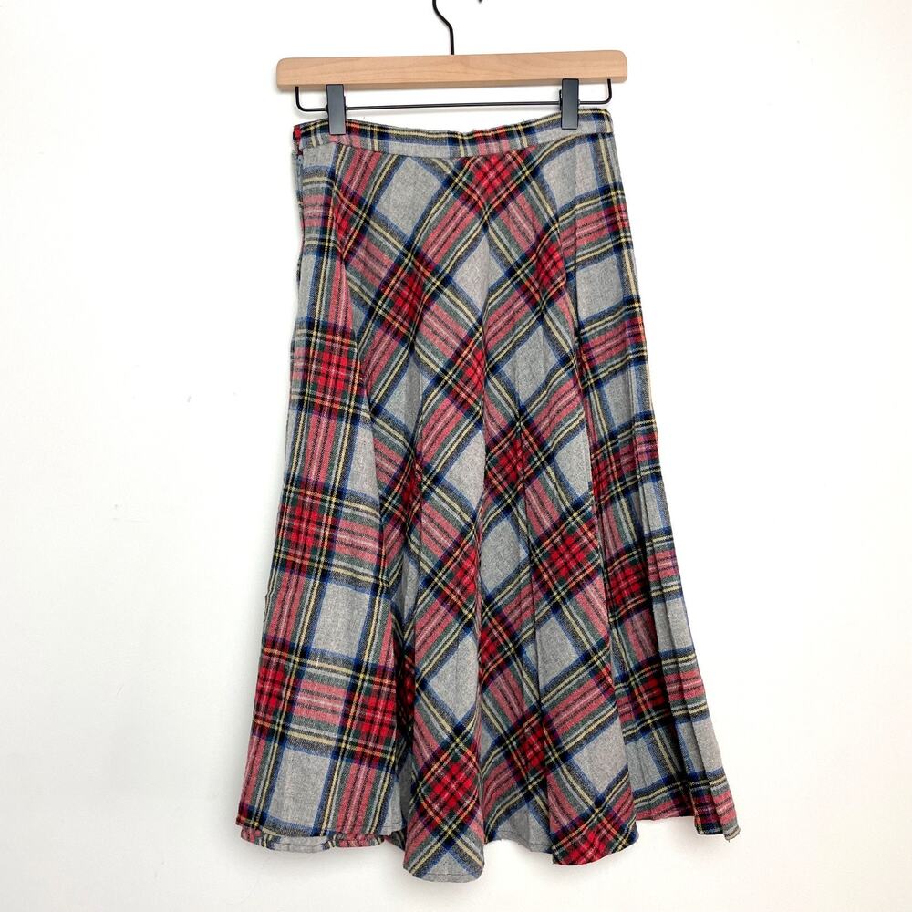 Vintage 90s Dark Academia Holiday Plaid Wool Cottagecore A-Line Midi Skirt XS/S